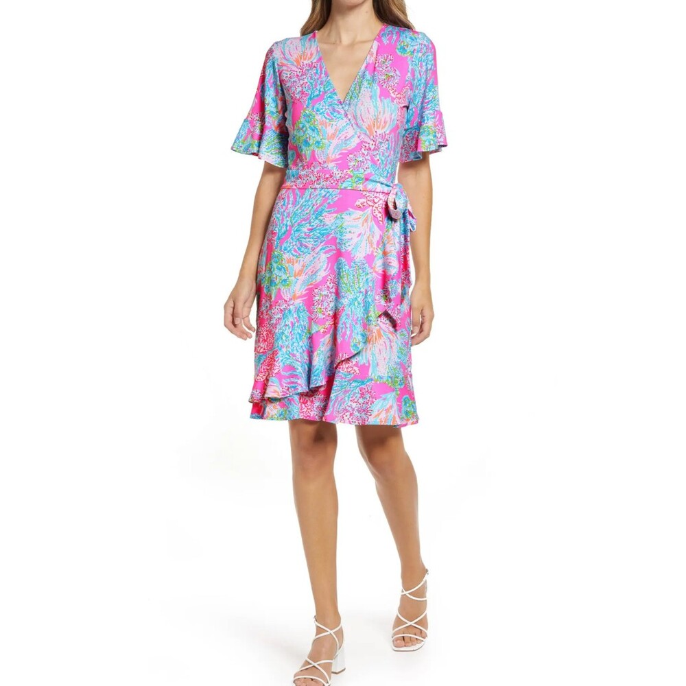 Lilly Pulitzer Isella Prosecco Pink Coral Reef Wrap Dress Size XS Flutter Sleeve